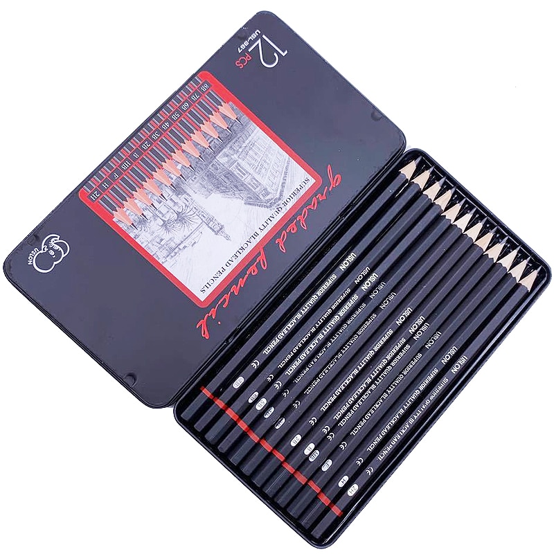 12pcs/Box USLON Pencils Set Iron Box HB H B F 2H 2B 3B 4B 5B 6B 7B 8B Wood Drawing Pencils for School Artist Sketch Pencils