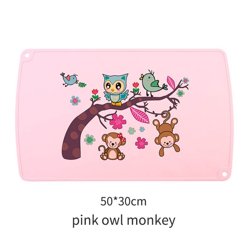 Kids Table Placemats Cartoon Animal Print Waterproof Food Grade Silicone Non-slip Table Mats Anti-scald Baby Feeding Pad 30*50cm: pink owl monkey