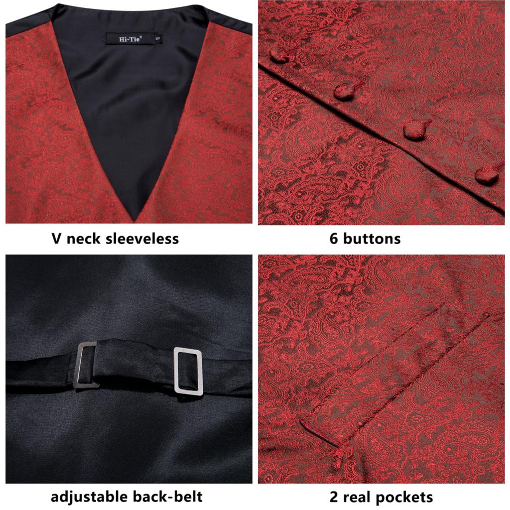 Hi-Tie Wine Red Paisley Dress Vest Set For Men Jacquard Men's Suit Vest Male Waistcoat for Wedding Formal Jacket MJ-0013