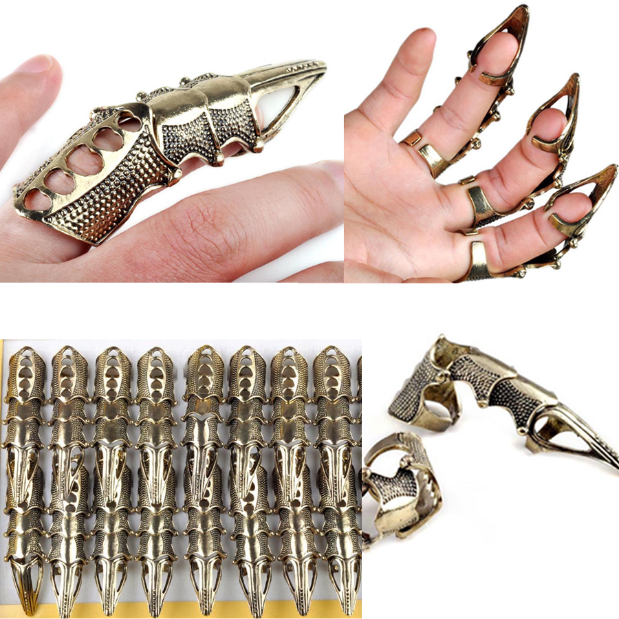 2 pcs Punk Gothic Volledige Finger Armor Talon Claw Ringen Robot Metal Armoring Joint Knuckle Ring voor Vrouwen Mannen Party sieraden