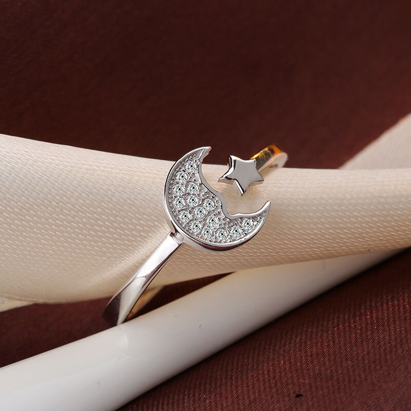 Crazy Feng-Anillos ajustables con forma de Luna y estrella plateada, bisutería de lujo de cristal para compromiso de boda, para amantes
