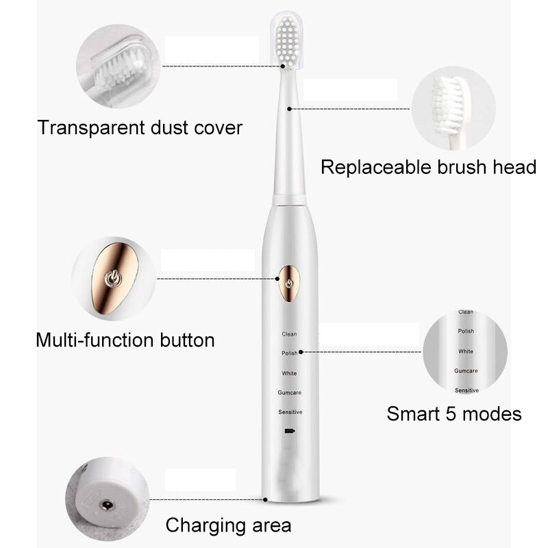Vandtæt elektrisk tandbørste automatisk sonisk tandbørste genopladelig 5 modeller rejser tandbørste med 4 børstehoveder