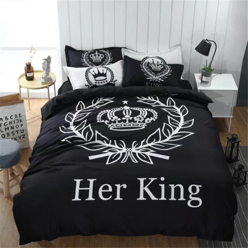 Ensemble de literie romantique avec housse de couette, taille unique, noir et blanc, sa reine et son roi
