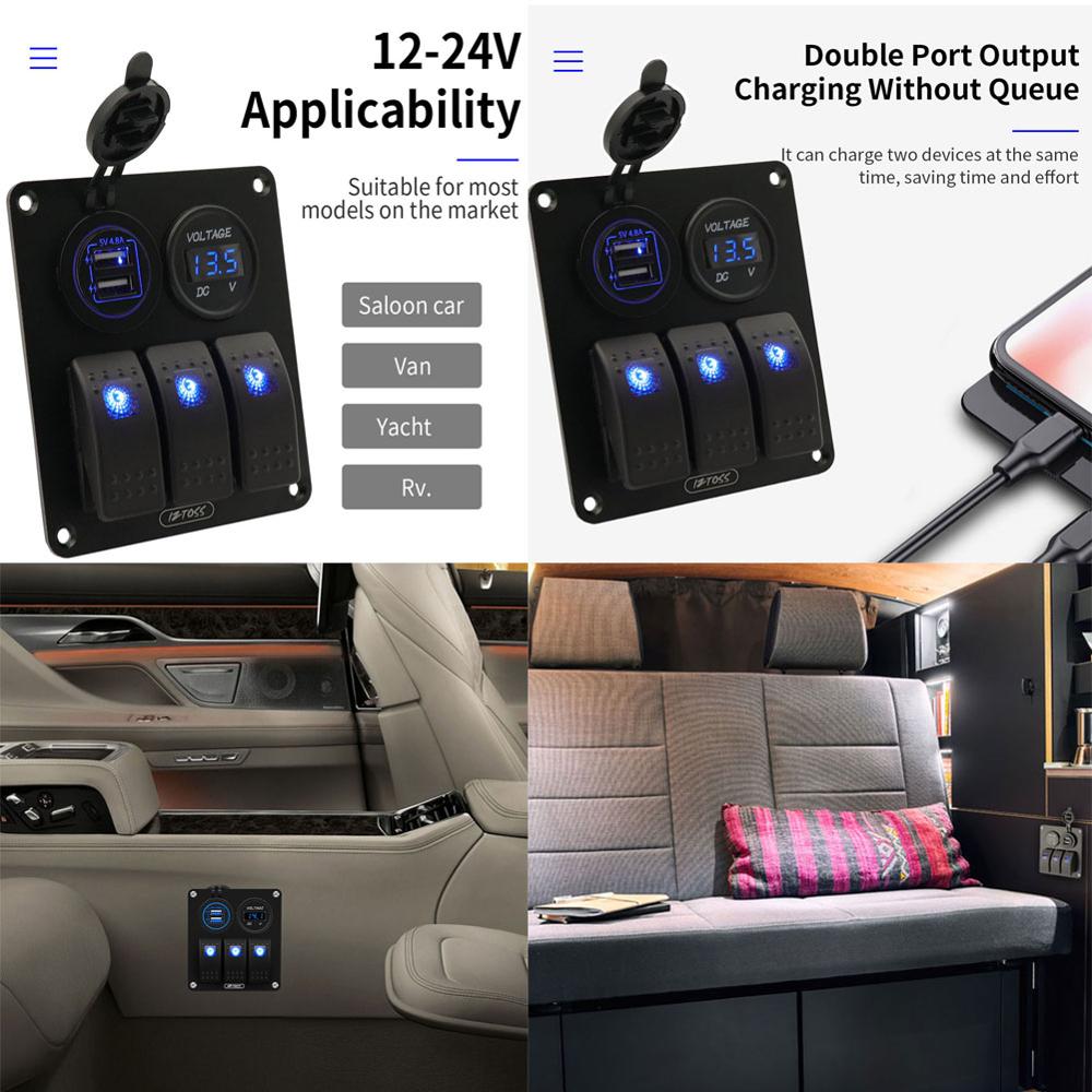 3 Gang Aluminium Rocker Switch Panel 12V Met Digitale Voltmeter En 4.8A Dual Usb Lader Waterdicht Voor Boot Marine auto Rv
