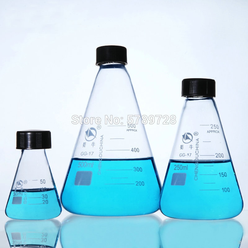 Termo cónico de vidrio de borosilicato, contenedor de vidrio de laboratorio, con tapa espiral negra, capacidad de 50ml a 1000ml, 1 Uds.