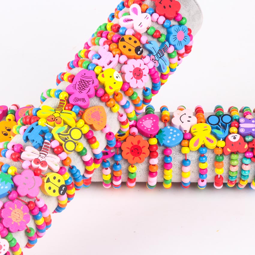 10Pcs Colorful wood beads Mixed lots Wooden Bracelets Wood Kid Girl Boy children Toy Child Party Bag fillers