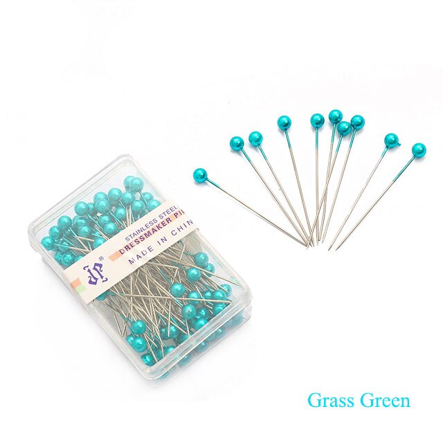 100Pcs/Box Colorful Round Pearl Head Needles Stitch Straight Push Sewing Pins For Dressmaking DIY Sewing Tools Positioning 38cm: Grass Green