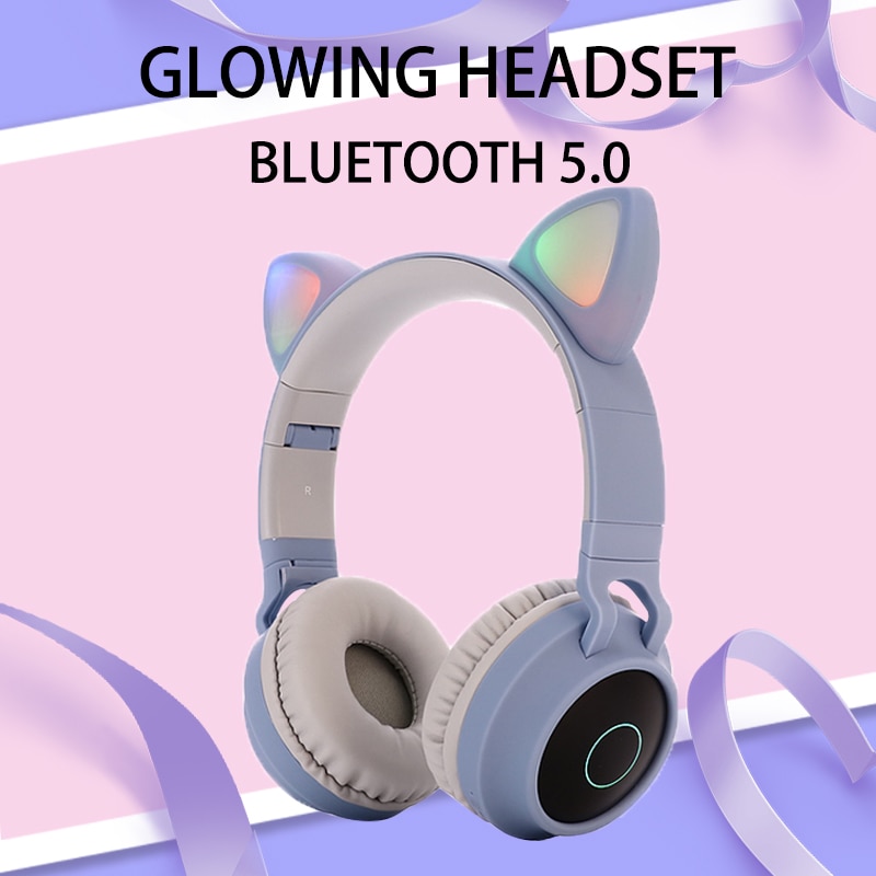 Bluetooth 5.0 Headset Cat Ear Wireless LED Light Mobile Phones Headphone Stereo Music Headphones Girl Daughter Headset for PC