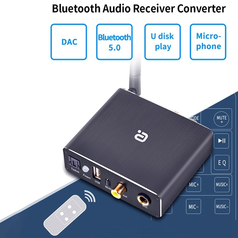 Dac Decoder Adapter Bluetooth 5.0 Ontvanger Audio Amp U-Disk Speler Optische Coax Naar Analoog Converter (Eu Plug)