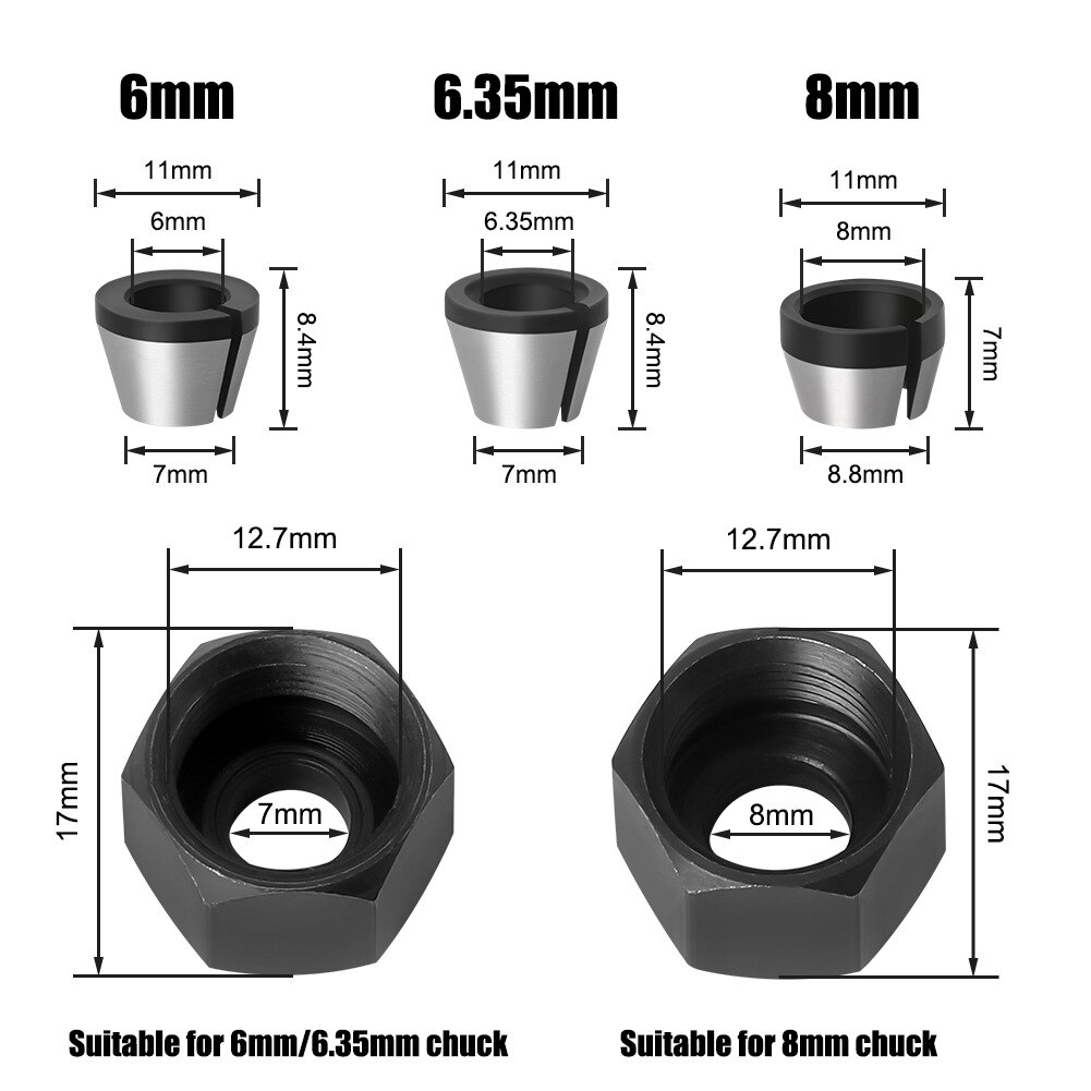 2 st/set 6mm or 6.35mm or 8mm hylsa chuck med mutter gravering trimmaskin elektrisk fräs fräs fräs träbearbetningsverktyg: 5 st
