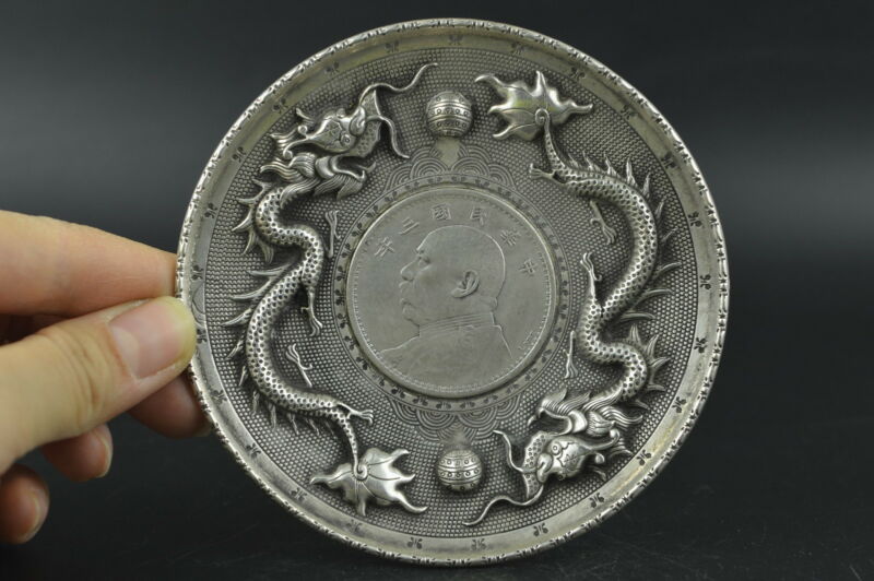 Chinese Oude Handgemaakte Zilver Koper Carving Double Dragon Rare Noble Unieke Plaat