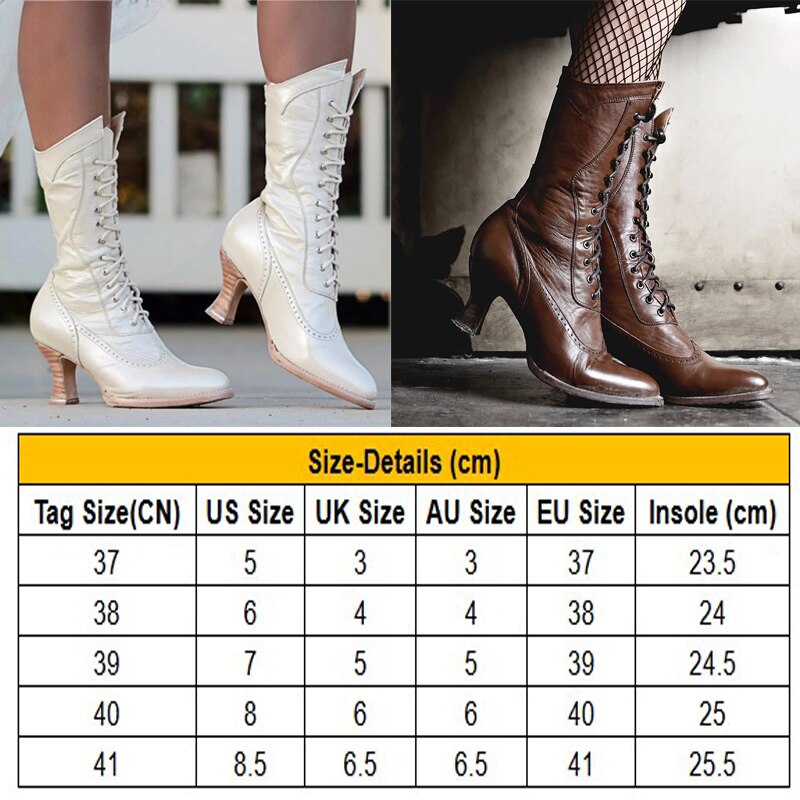 Women Autumn Winter Mid-Calf Boots Lace Up Hoof Heels Boots Retro Victorian Europe Style Shoes Ladies Boots