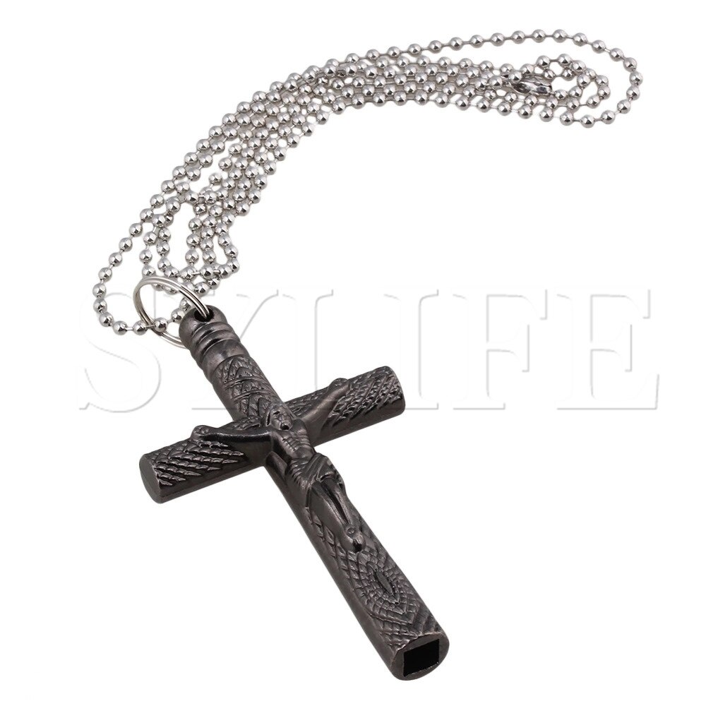 Verchroomd Stalen Kruis Kruisbeeld Jezus Drum Sleutelhanger Ketting Zwart