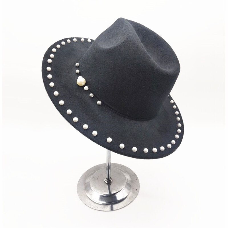 Vinter efterår kvinder afslappet uld bowler hatte panama kasketter til cowboy stor skygge beaded rhinestone jazz hatte gorros