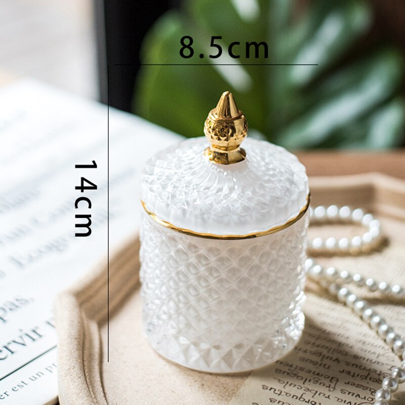 Romersk nordisk krystal glasburk kosmetisk puff opbevaringsboks vatpind skønhed æg smykker make-up arrangør slik kan lysestage: Hvid