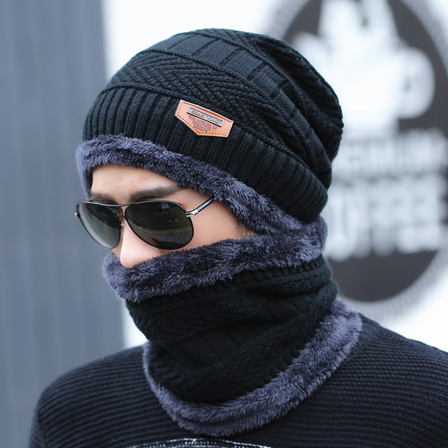 Bonnet et écharpe de ski en cuir pour homme et femme, 2 pièces, en tricot, et froid, pour l&#39;hiver