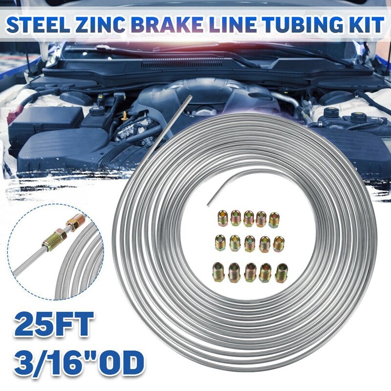 Zinc Steel Brake Line 25 Foot Tubing Kit 1/4 OD Coil Roll &amp; 15Pcs Tube Fittings: Default Title