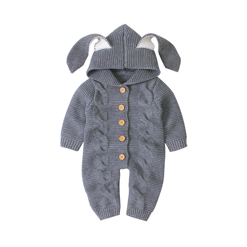 0-24M Herfst Winter Baby Kids Meisjes Jongens Rompertjes Knit Solid Lange Mouwen 3D Oren Hooded Jumpsuits Kleding: Grijs / 18m