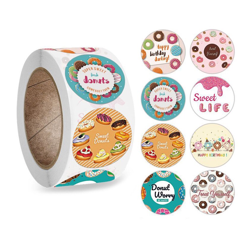 100-500pc Happy Birthday Sticker Donuts Delicious Foods Sticker Label For Homemade Bakery Packaging Scrapbooking Kids Party