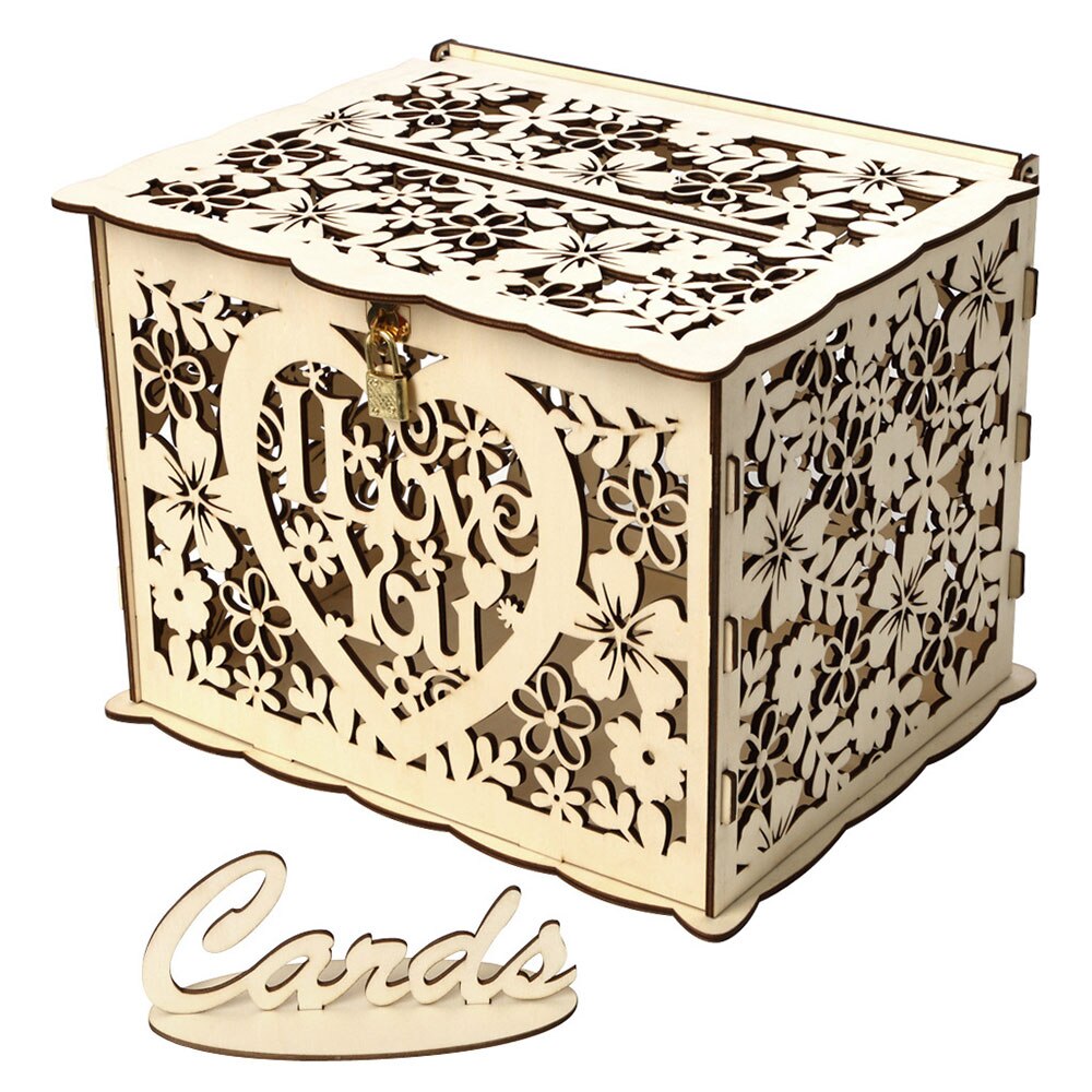Houten doos voor trouwkaarten, bruiloftbenodigdheden, doe-het-zelf, paar, hert, vogel, bloemenpatroon, raster, visitekaartje, houten doos
