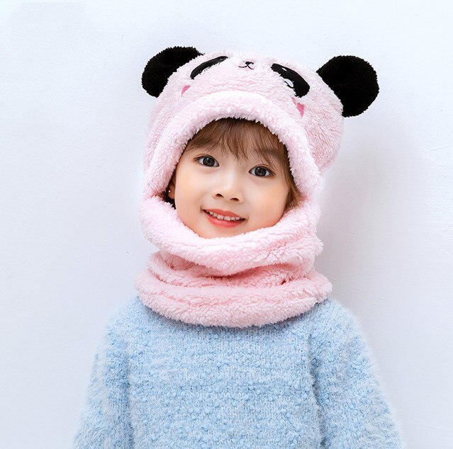 Children Winter Warm Hat Plus Fleece Thicken Scarf Cap Cartoon Panda Hat For Girls Boys Kids Caps Newborn Photography Baby Stuff: pink