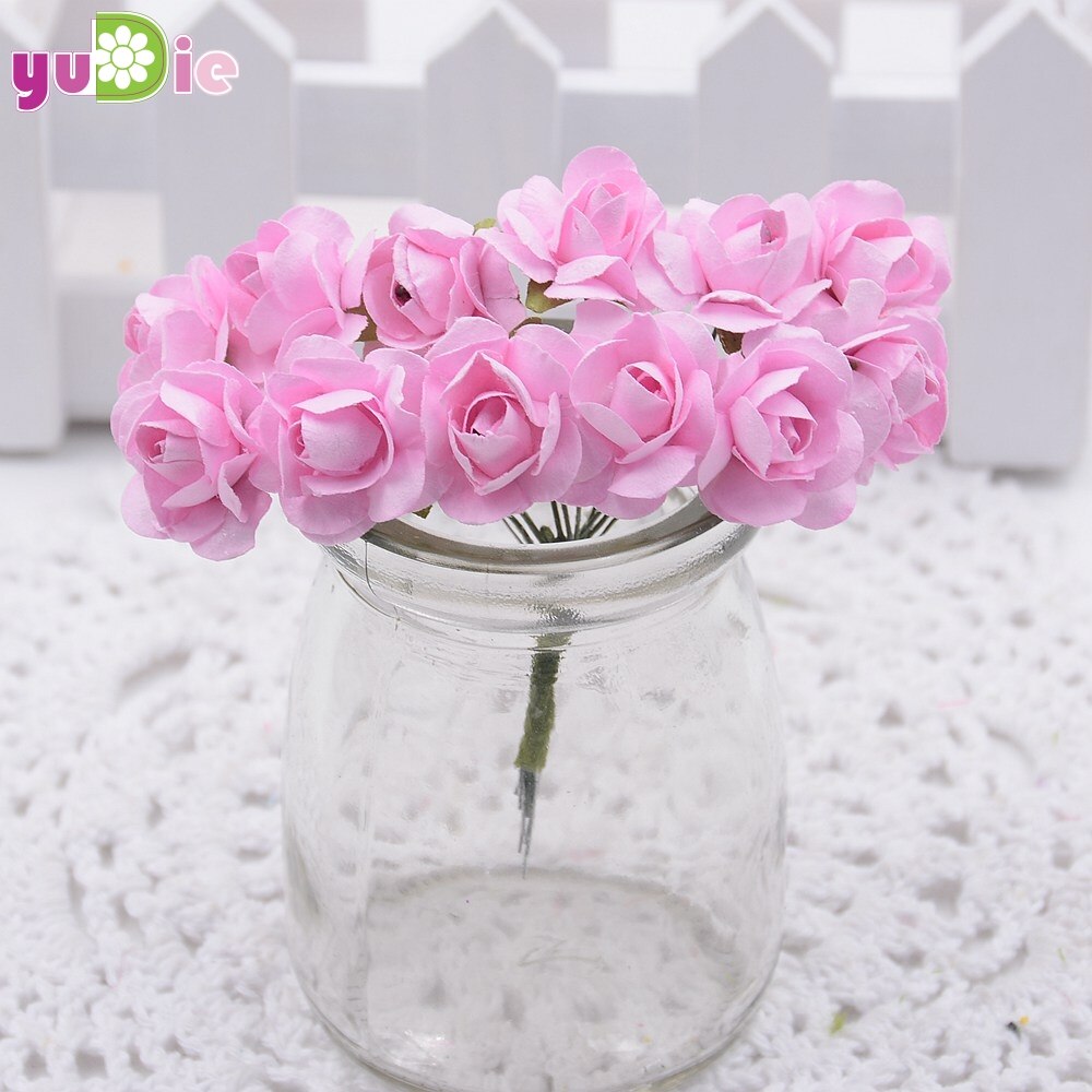 12 stk/parti 1.5cm mini papir rose blomster bukett bryllup dekorasjon papir blomst til gjør-det-selv scrapbooking blomster papir billige blomster: Rosa