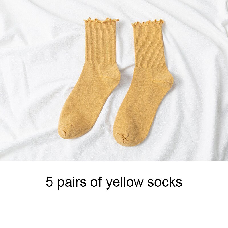 5 Pairs Women Cotton Ruffle Frilly Socks Black White Cute Autumn Winter Socks Solid color Soft Happy Girl Socks: C yellow