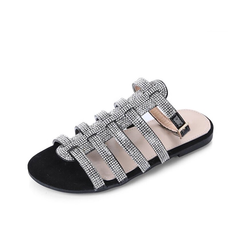 Dames glitter gladiator sandalen dames enkelbandjes dames outdoor rome kristal bling dames strandschoenen dames: Zwart / 6.5