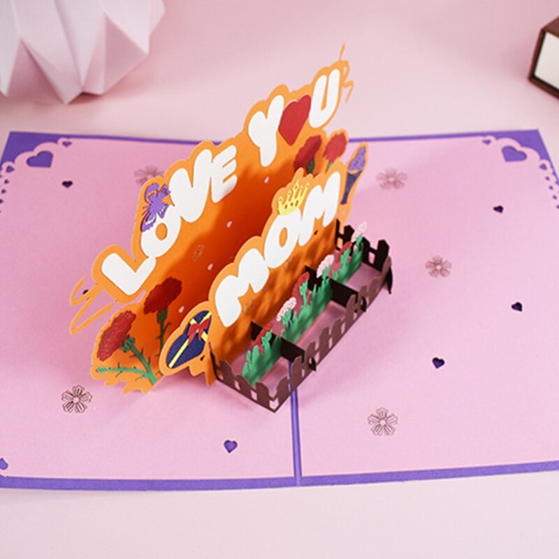 3D Pop-Up Love You Mom Greeting Card for Happy Birthday Mother's Day Envelope