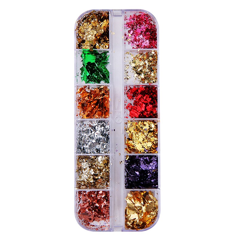 12 gitter en boks multifarve aluminiumsfolier uregelmæssig holografisk glitterfolie pailletter negle spejl flager pailletter manicure indretning