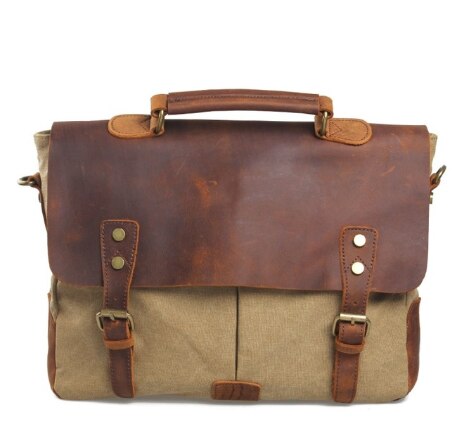 Unisex Man Zak Mannen Canvas Lederen Aktetas Tas Zakelijke Handtas Mannen Messenger Laptop Schoudertas Aktetas: Khaki