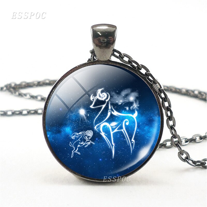 12 konstellationen Halskette 12 Tierkreis Zeichen Widder Leo Gemini Libra Virgo Krebs Glas Cabochon Anhänger Schwarz Kette Halsband: Aries