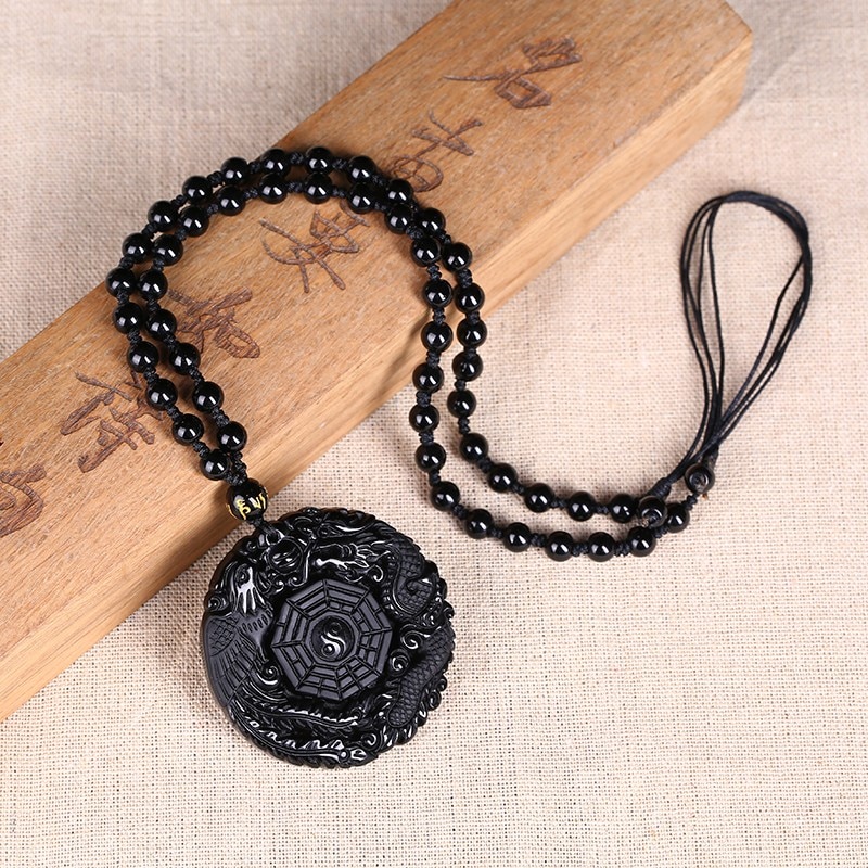 Black Obsidian Carving Dragon and Phoenix Necklace Pendant Obsidian Lucky Pendants