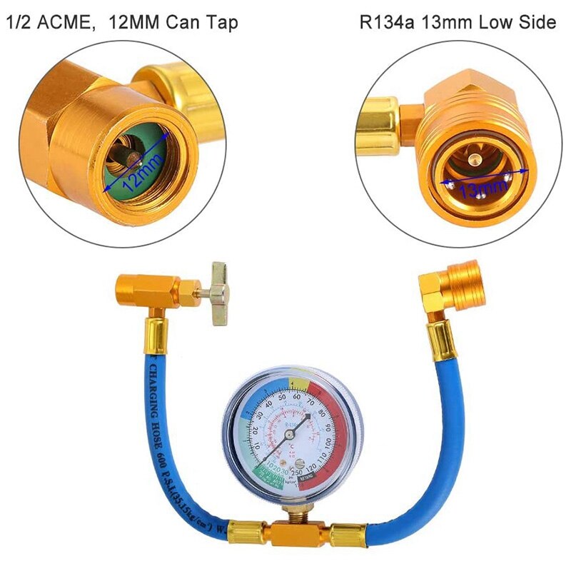 R134A Charging Hose with Pressure Gauge, Refrigerant Can Tap R134A Can to R-12/R-22 Port, R-12 to R-134A Retrofit Valve