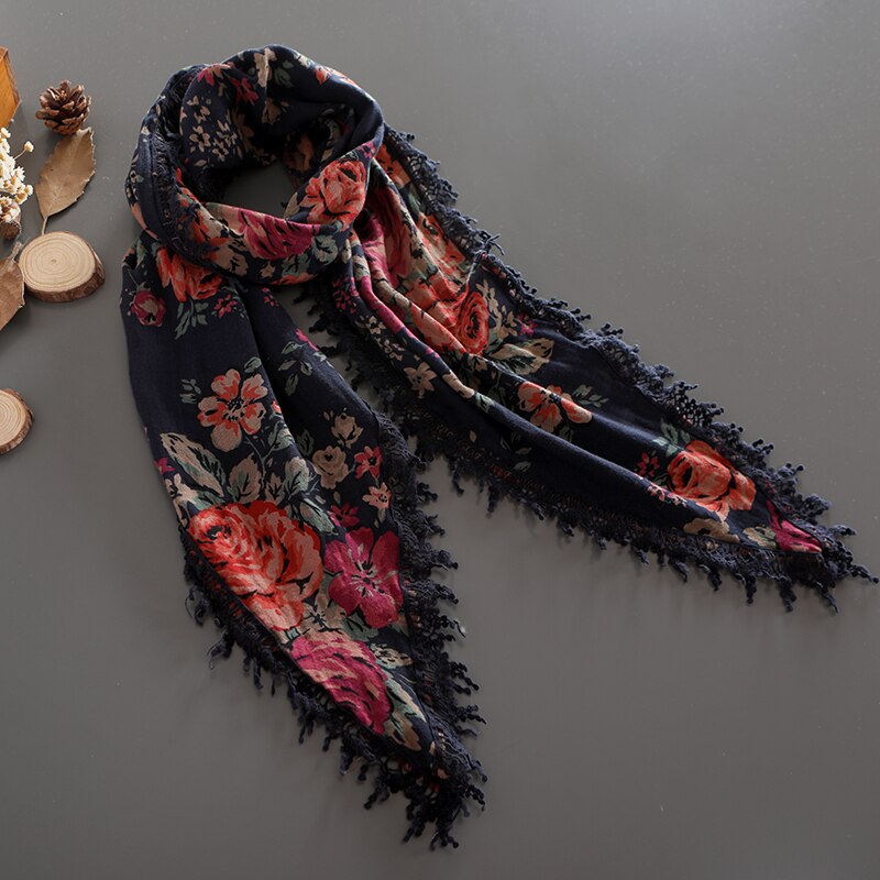 Vintage mori pige blomster print kvast patchwork bomuld garn blødt tørklæde efterår vinter: 1