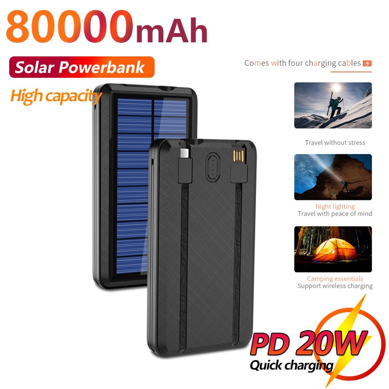 80000mAh Qi Wireless Charging Solar Panel Travel Portable Power Bank LED Built-in Charging Cable External Fast Charging Battery