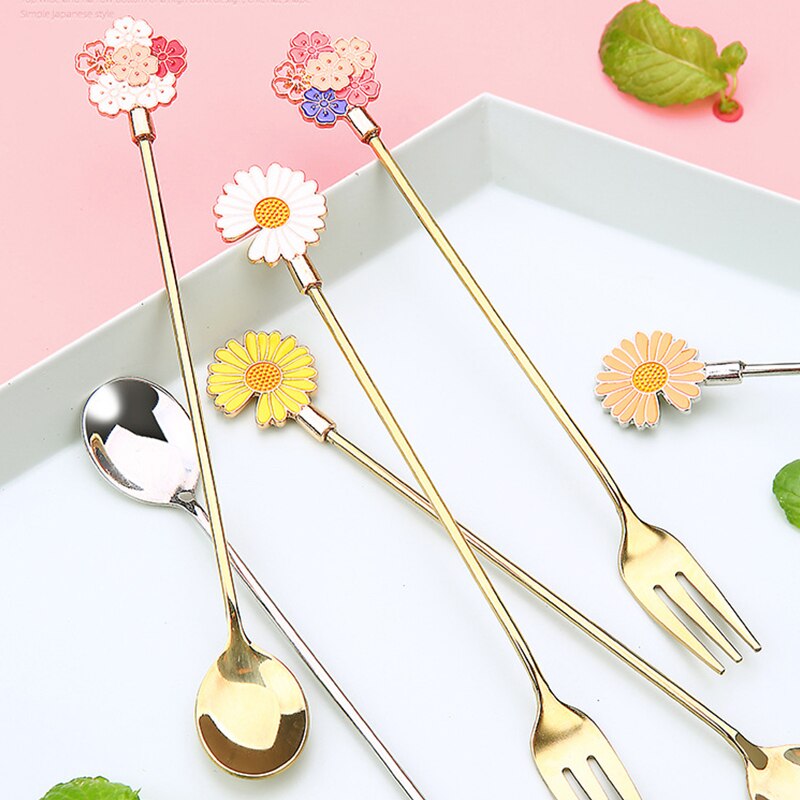 1Pc Rvs Kersenbloesem Lepel Vork Taart Koffie Dessert Thee Ijs Roeren Lepels Leuke Daisy Keuken Theelepel