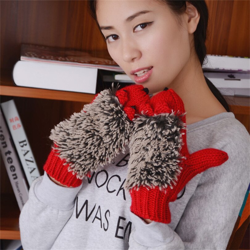 Yrrety kvinnor vinter tecknad handske igelkott handled stickade vantar varma tjocka handskar kvinnlig söta alla fingrar tjocka håll varma handskar: G014 röda