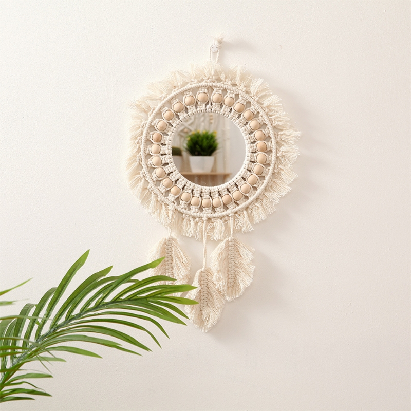 Woven Wall Hanging Mirror Boho Macrame Leaf Pendant Art Decoration for Apartment Living Room Bedroom Bathroom Baby Nursery
