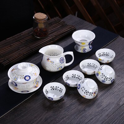Exquisite Peony Automatic Tea Set Blue and White Ceramic Porcelain Hollow Honeycomb Tea set Teapot Teacup Gaiwan Tea Sets Suit: F