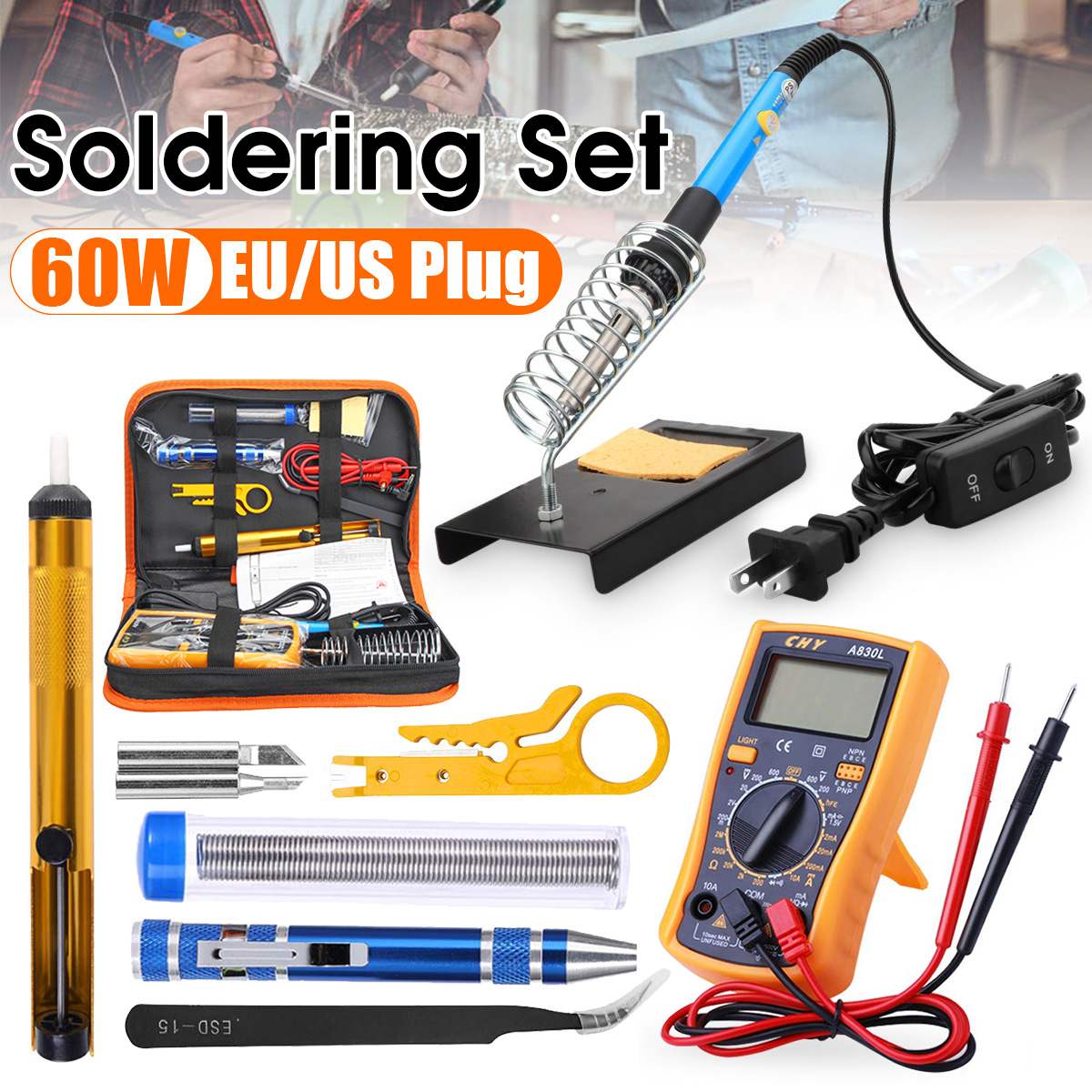 Soldering Iron Kit Adjustable Temperature Electric Soldering Iron 60W 8 in 1 Screwdrivers Multimeter Desoldering Pump Tool Bag