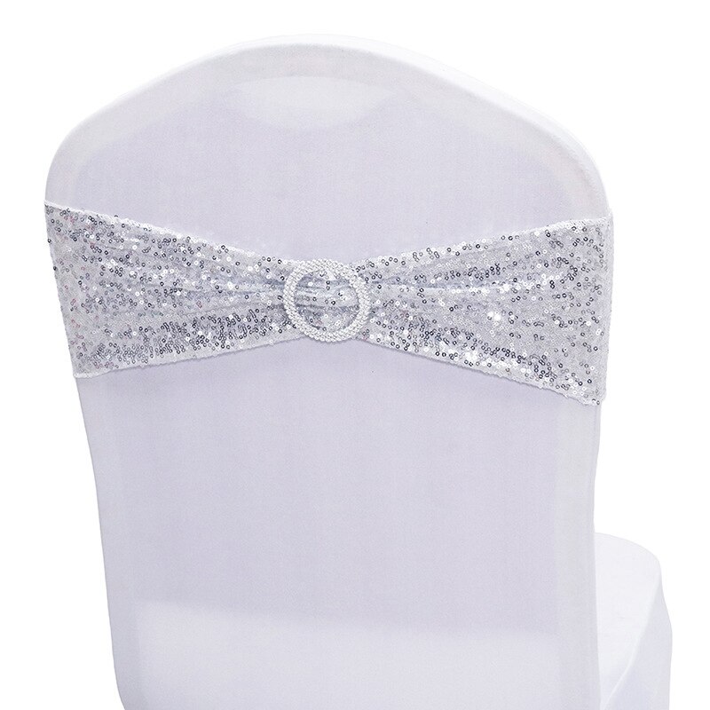 Sequin Chair Bands Stretch Spandex Chair Sash Band with Round Buckle for Wedding Events Banquet Decoration Party Supply: Silver Chair Band