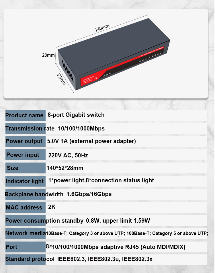 Intelligent Gigabit Network Switch 10/100/1000Mbps 8 Port RJ45 LAN Hub Fast Ethernet Switch Bandwidth 10G Full Duplex IEEE802.3u