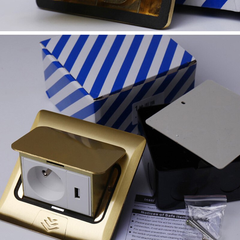 KEKA All copper Gold Panel slow Pop Up Table Floor Socket 16A French Standard Power Outlet With computer network rj45