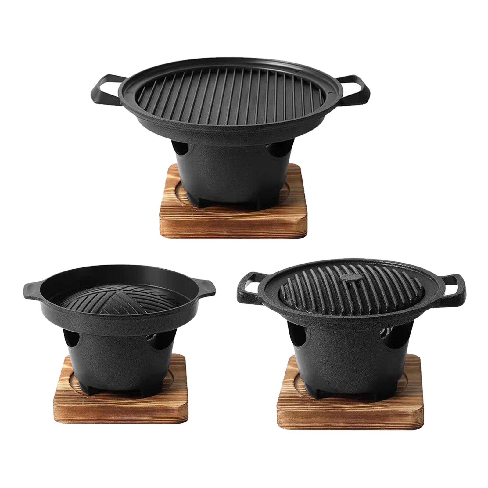 Yakiniku Mini BBQ Grill w/ Wood Base Tabletop Alcohol Stove Household Barbecue Grill Plate Hibachi Grill Pot