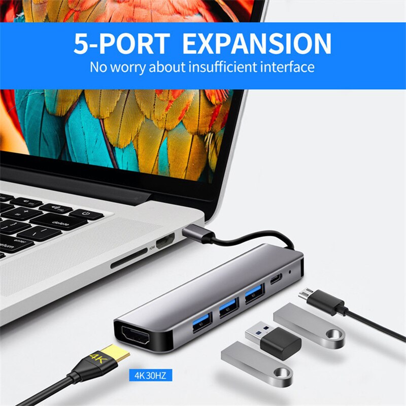 Usb C Hub, Macbook Pro Adapter Usb C Dongle, 5 In 1 Multipoort Adapter Compatibel Voor Usb C Laptop 4K Hdmi USB3.0 Pd Snel Opladen