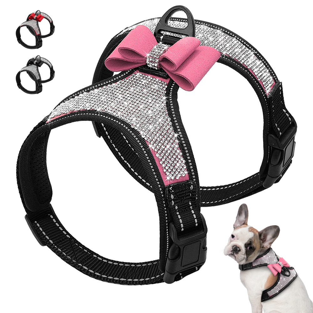 Reflectante arnés de nailon para perros Pitbull Pug pequeño arneses para perros chaleco lazo de diamantes falsos ostentoso perro accesorios para mascotas