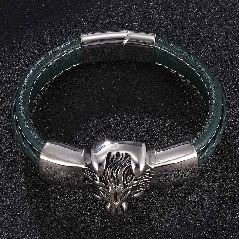 Green Leather Bracelet Men Hip Hop Leo Lion Head Stainless Steel Magnetic Buckle Rock Punk Bangles Party Jewelry SP0823