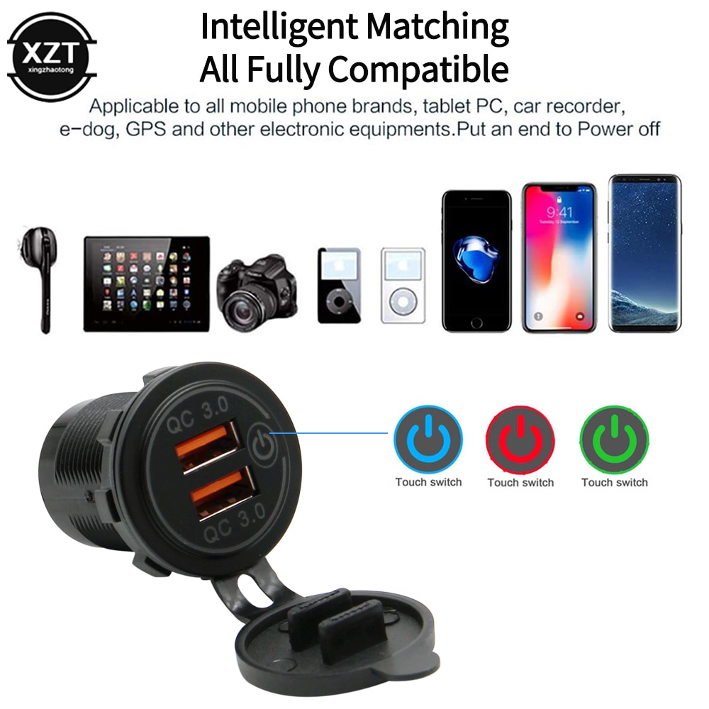 12v/24v 36w qc 3.0 2 usb lader stikkontakt berøringsbryter vanntett universal bil truck lade sokkel for telefon nettbrett kamera gps