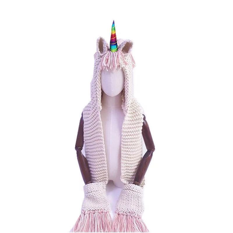 Los niños sombrero de unicornio de lana capa a crochet sombrero lindo para los niños del bebé hecho a mano bufanda de dibujos animados sombrero de otoño e invierno para las mujeres: Multicolor / M